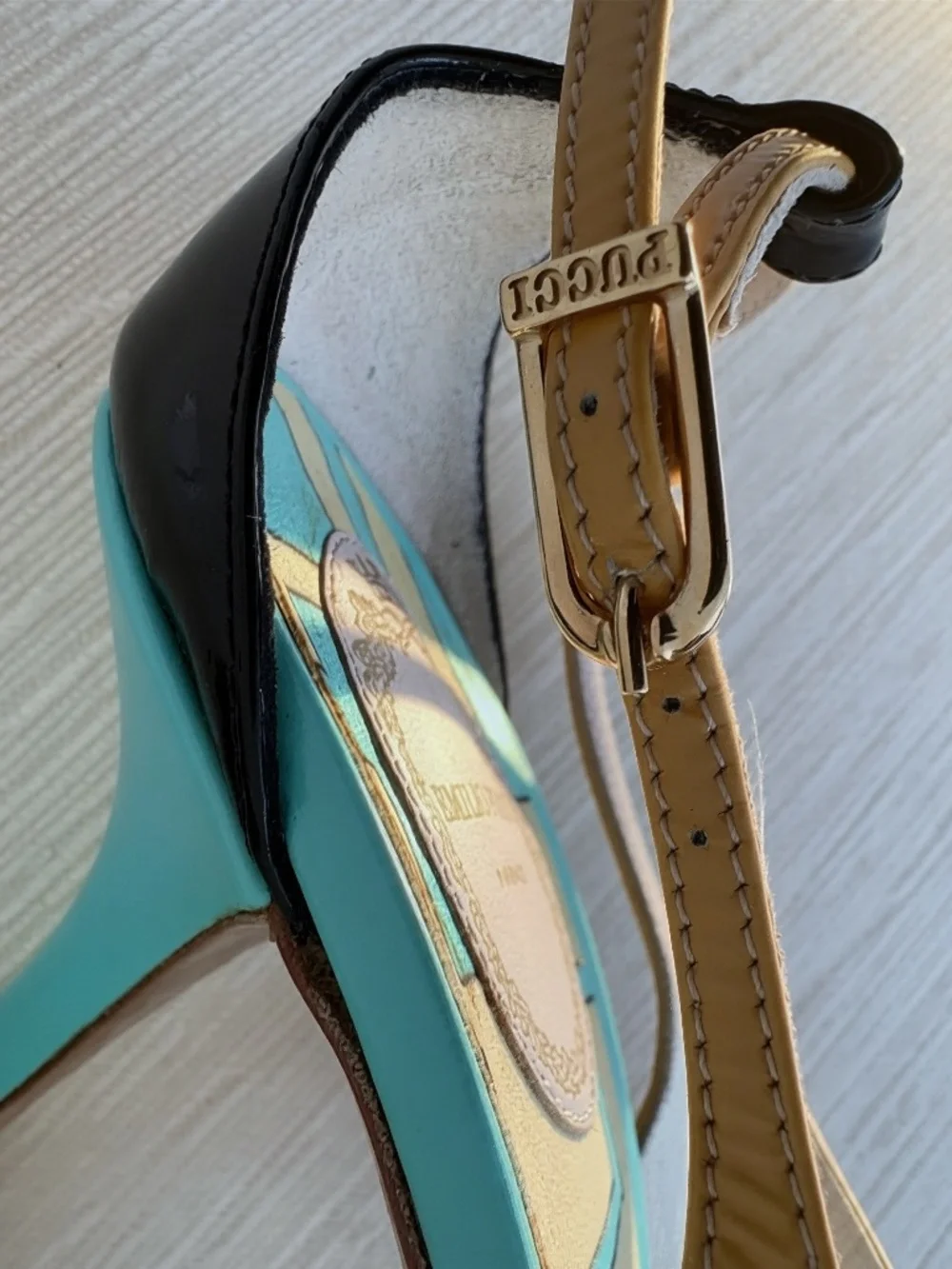 Emilio Pucci Archive Turquoise Gold Leather Sandals EU 36.5 Italy Y2K